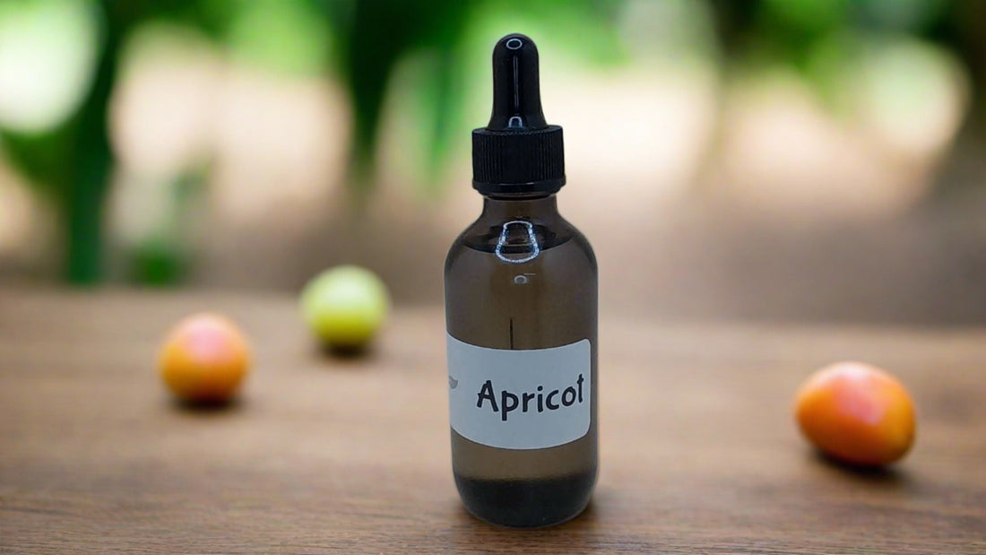 a bottle of apricot sitting on top of a wooden table