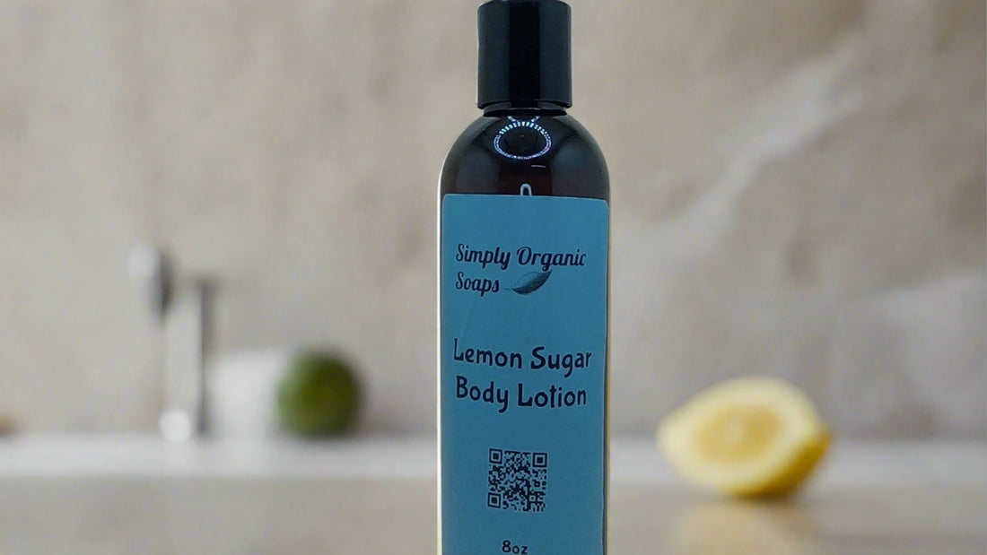 a bottle of lemon sugar body lotion sitting on a counter