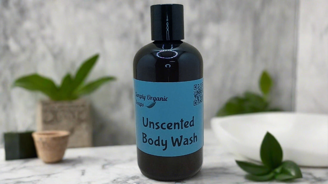 a bottle of unscented body wash sitting on a counter