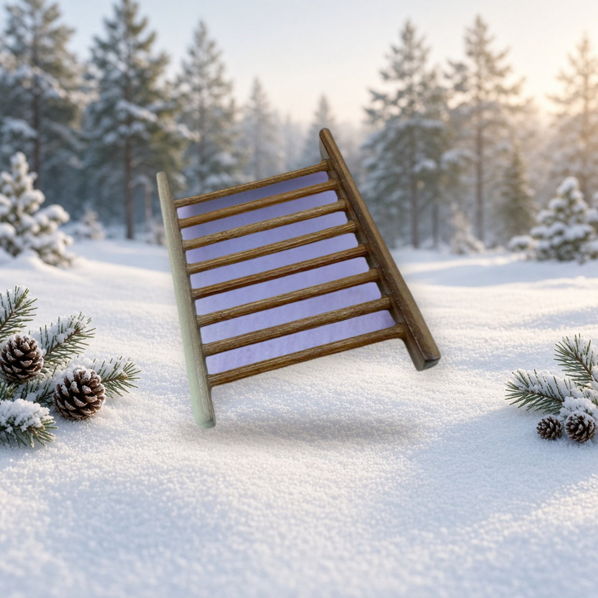 Dark Stain Bamboo Dish handmade soap on a snowy winter pine background