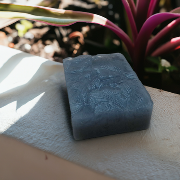 a soap bar sitting on top of a towel next to a plant