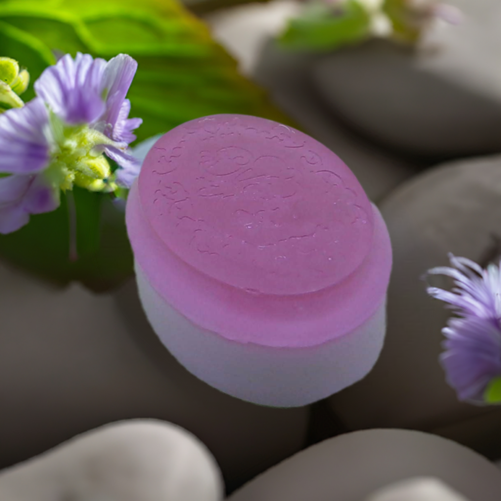 a close up of a pink soap on a rock