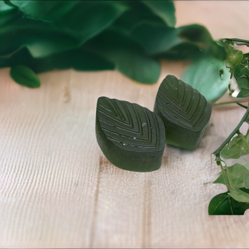 a couple of green leaves sitting on top of a wooden table