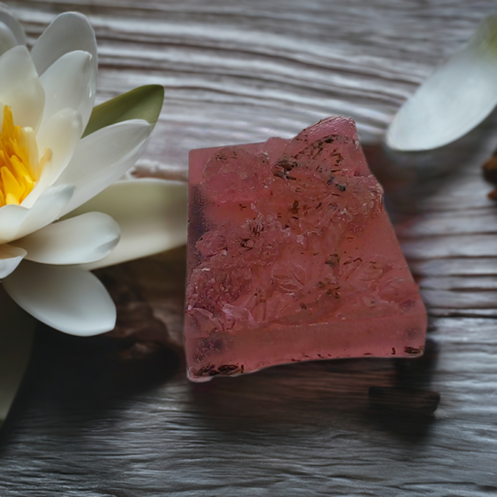 a piece of soap next to a flower on a table