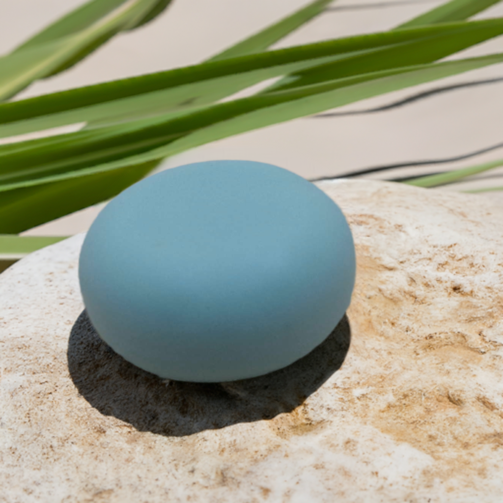 a blue soap sitting on top of a rock