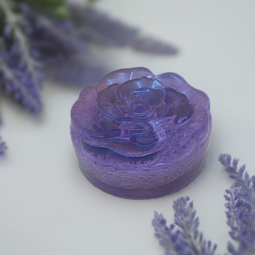 a close up of a purple soap on a table