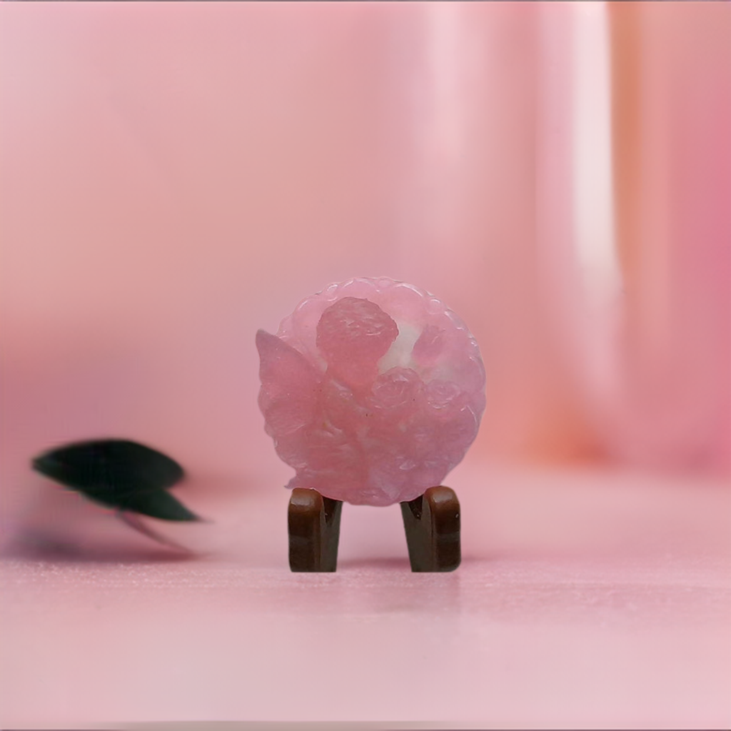 a pink object sitting on top of a wooden stand