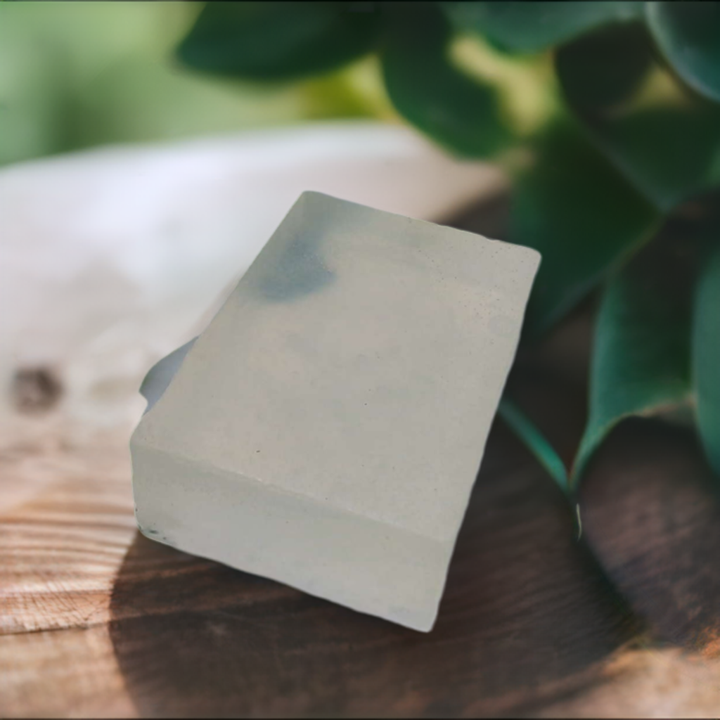 a piece of white soap sitting on top of a wooden table