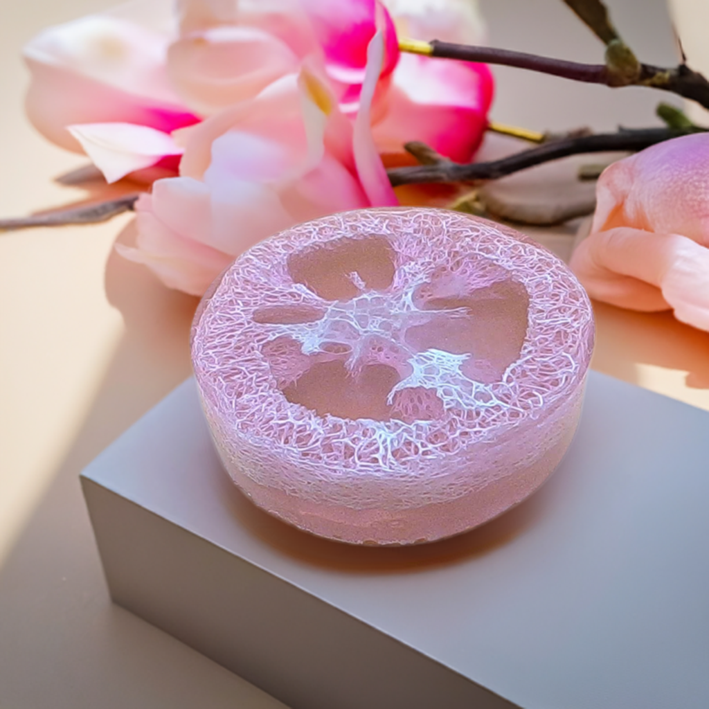 a pink soap sitting on top of a white box