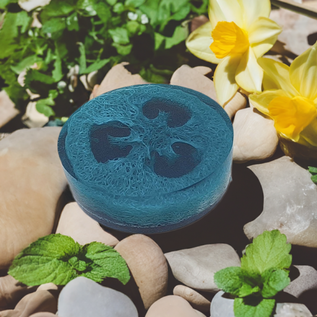 a blue object sitting on top of a pile of rocks