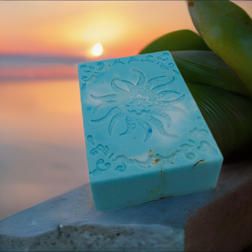 a soap bar sitting on top of a rock next to a banana