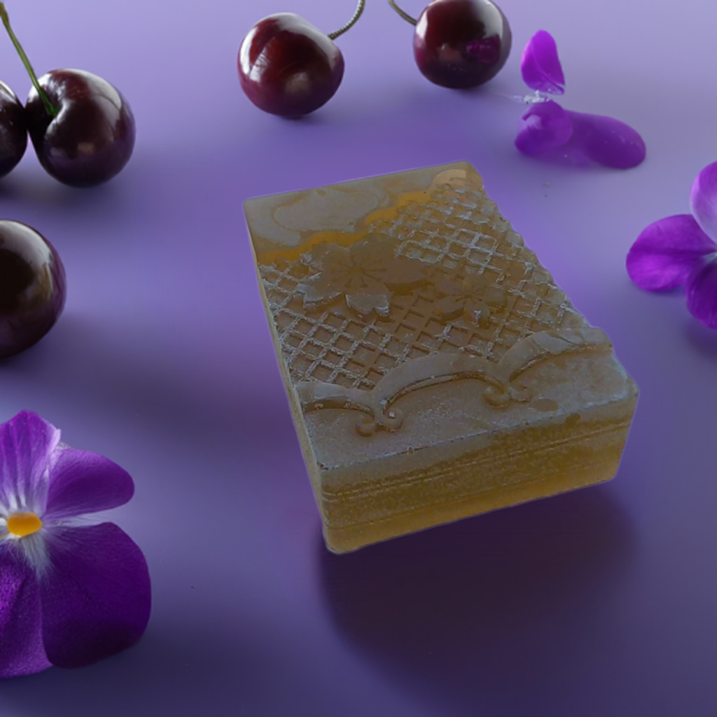 a piece of cheese sitting on top of a purple table