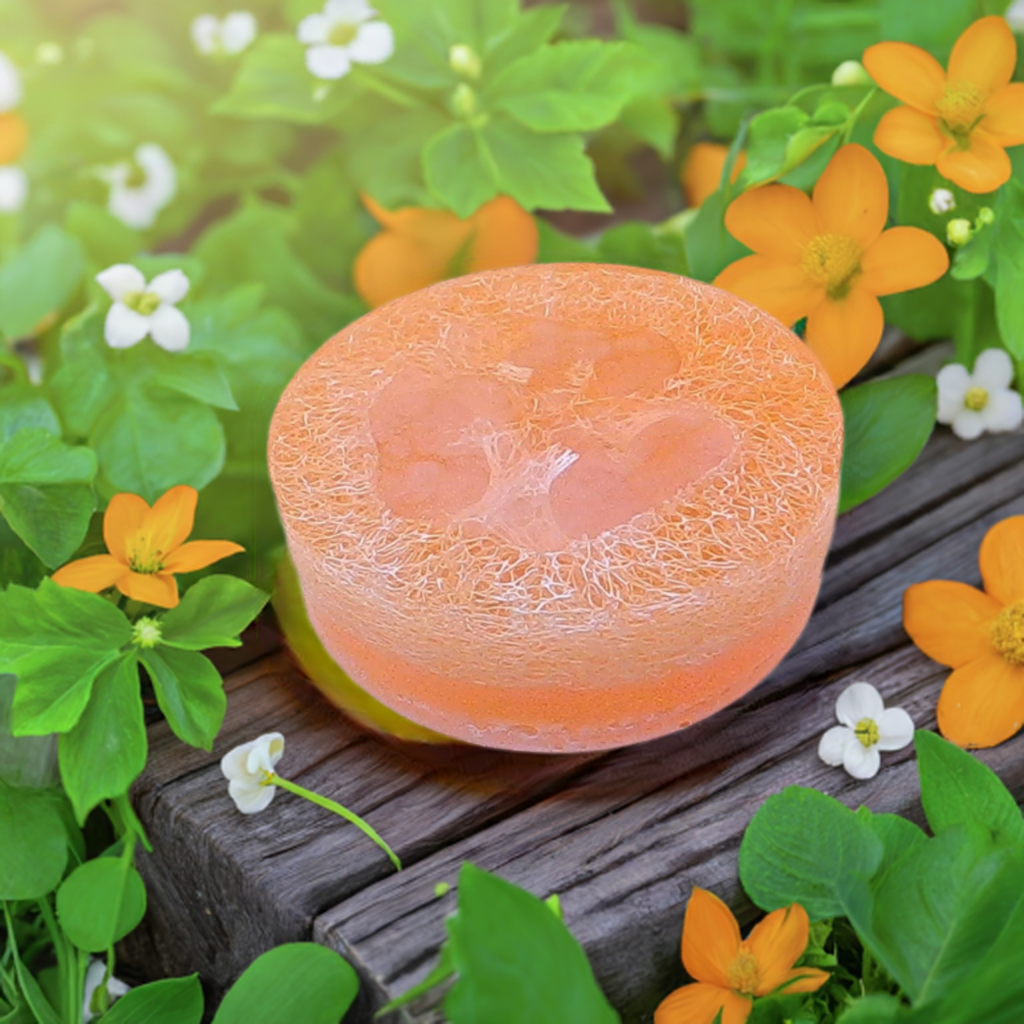 an orange soap sitting on top of a wooden table