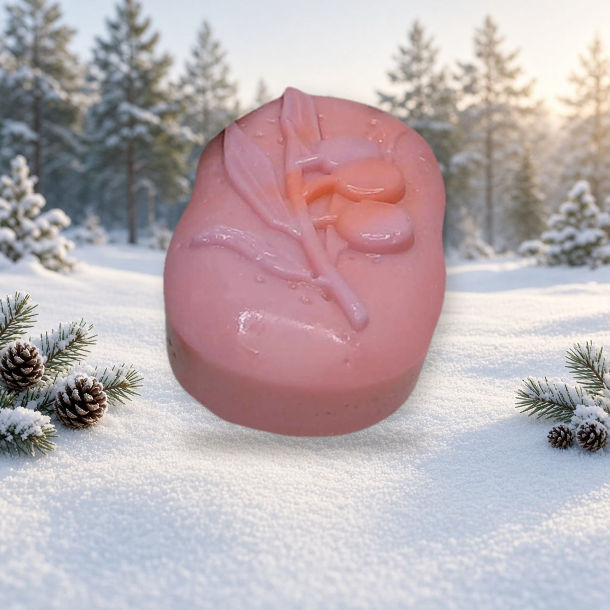 Lemon & Palmarosa Shea Butter Soap handmade soap on a snowy winter pine background