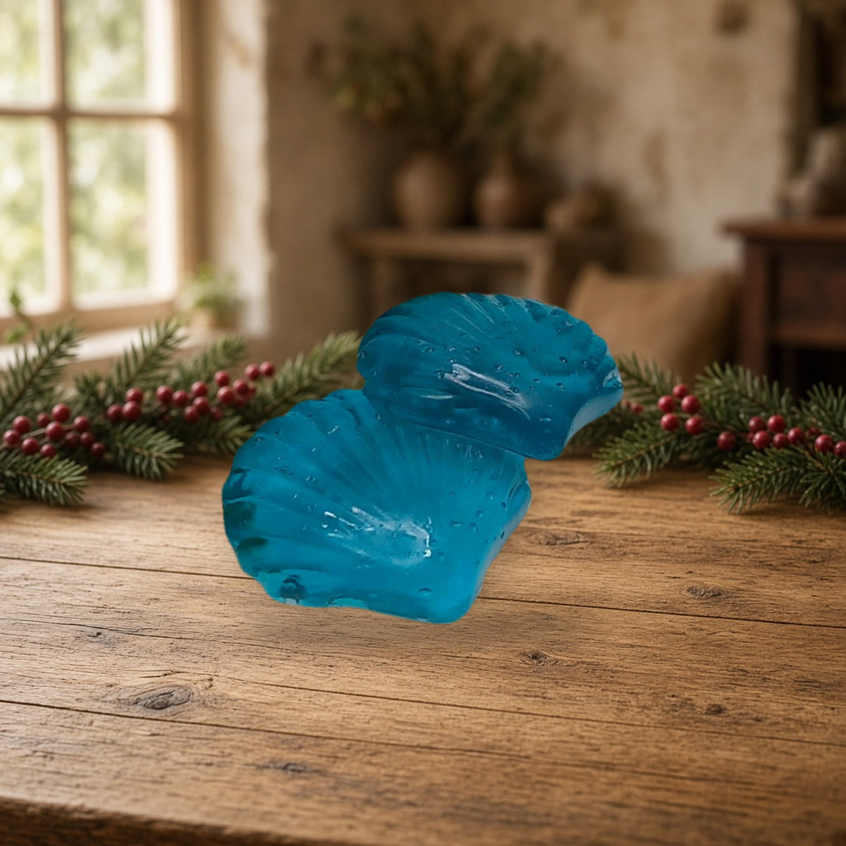 Vanilla And Rosemary Infused Glycerin Soap handmade soap on a cozy wood table with evergreen